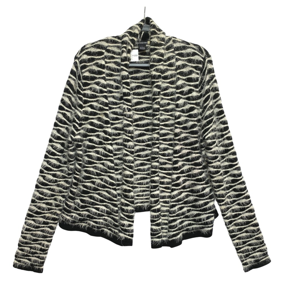 Sweaterworks Cardigan Womens L Black White Zebra Fuzzy Open Front Sweater